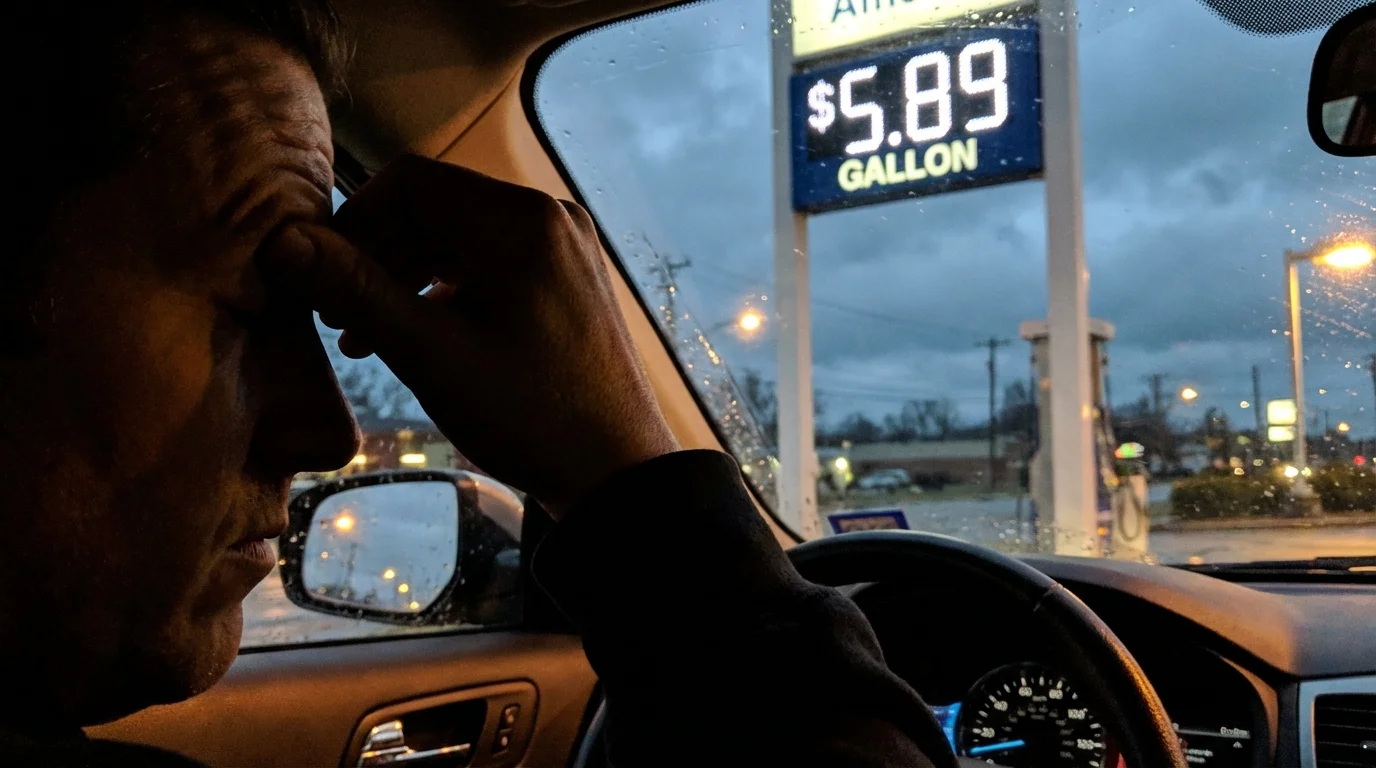 A frustrated driver looking at high gas prices at the pump.